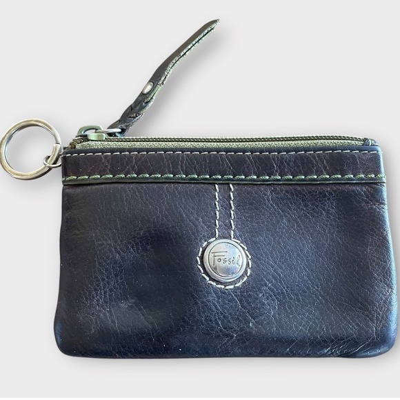 Fossil Brown Leather Small Coin Purse ID Logo Wallet Key Ring Zipper Pouch - Picture 1 of 3